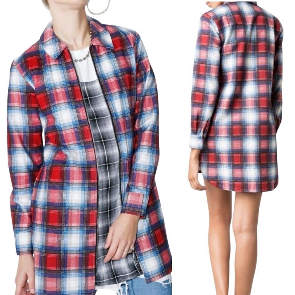 Stussy Lincoln Red Plaid Flannel Front Zip Shacket Shirt Mini Dress Sz XS